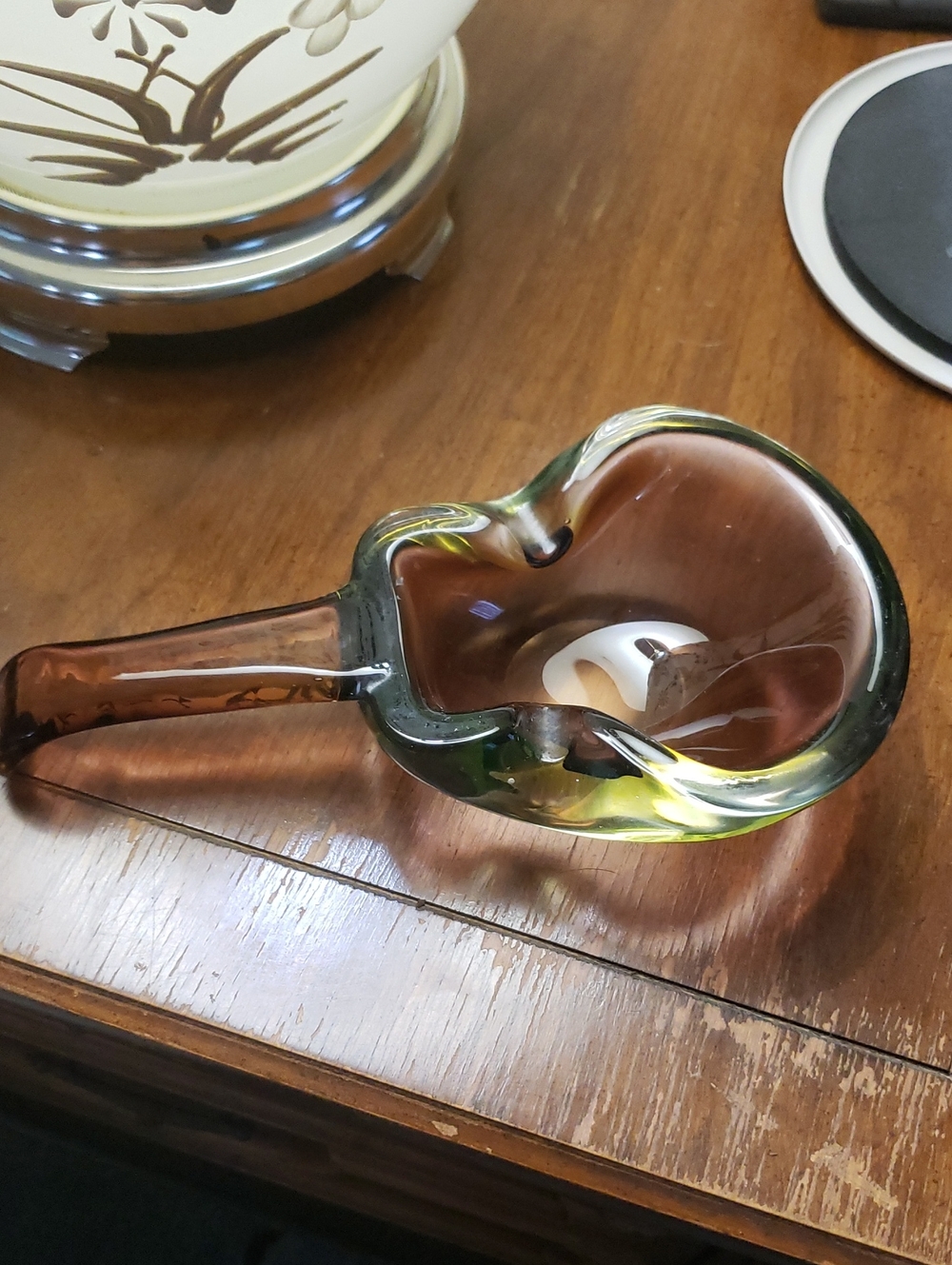 Hand-Blown Glass Art Bowl - Amber and Green Home Accent